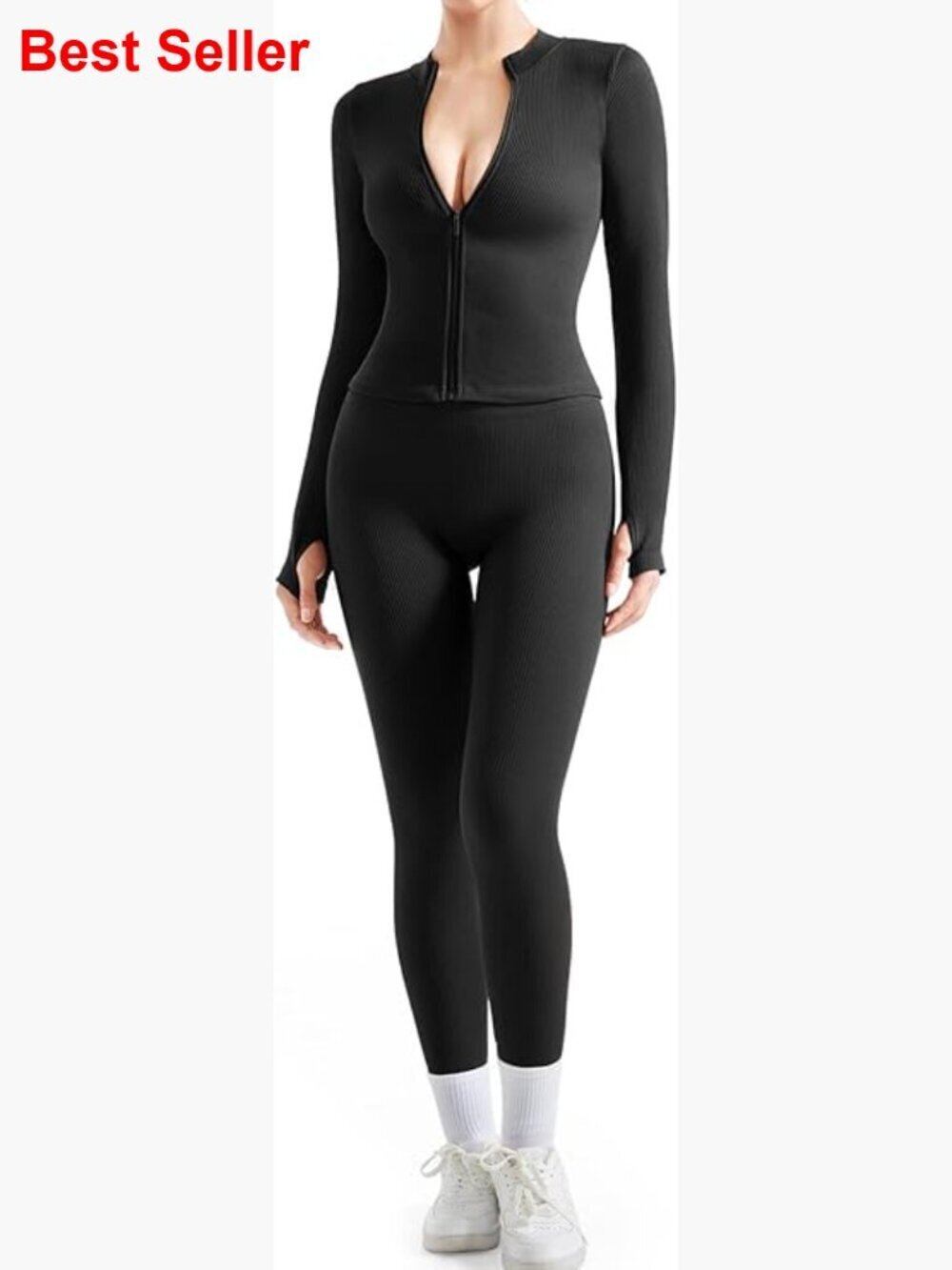 Seamless Ribbed Workout Set with Zip Up Jacket and Leggings